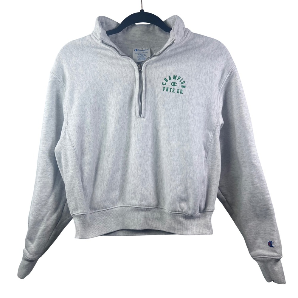Vintage Y2K Champion Quarter-Zip Reverse Weave Women Phys Ed Graphic Small Gray
